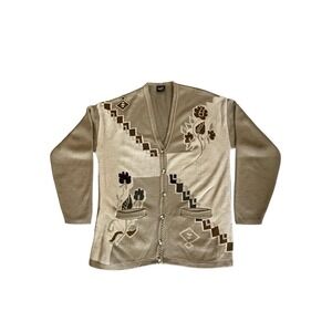 VNTG 50s 60s Central Floral Geometric Cardigan Sweater Tan L Grandpa Buttons
